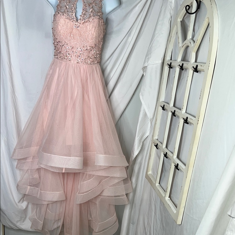 TLC Pink Tiered Halter Prom Gown